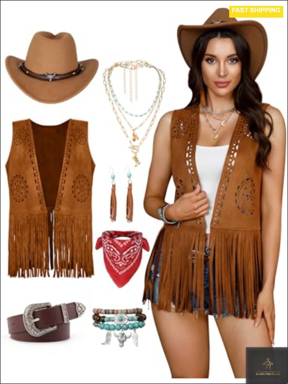 Cowgirl Vest Set Faux Suede Fringe Costume w/ Hat Scarf Belt Jewelry
